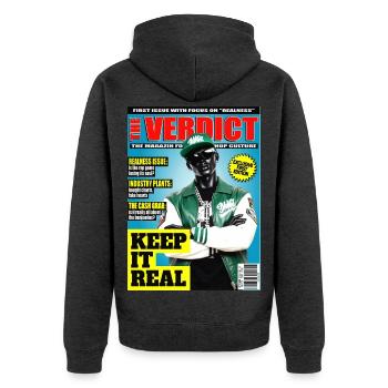 The Verdict Issue 01 Realness - Hip Hop Statement - Unisex Premium Bio Zip Hoodie - Anthrazit meliert - Hinten - Nico (187cm)