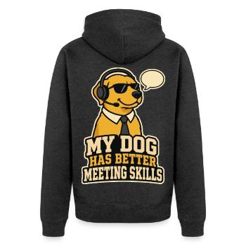 Hund mit Headset – lustiger Meeting Spruch - Unisex Premium Bio Zip Hoodie - Anthrazit meliert - Hinten - Nico (187cm)