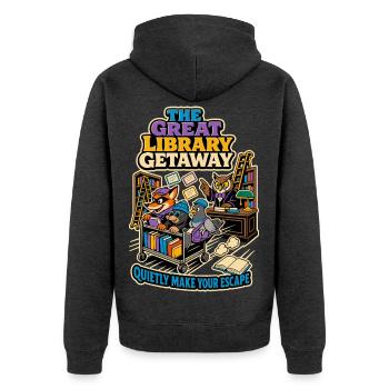 The Great Library Getaway – Bücher Humor - Unisex Premium Bio Zip Hoodie - Anthrazit meliert - Hinten - Nico (187cm)