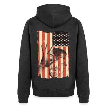 USA Flagge mit Totenkopf - Unisex Premium Bio Zip Hoodie - Anthrazit meliert - Hinten - Nico (187cm)