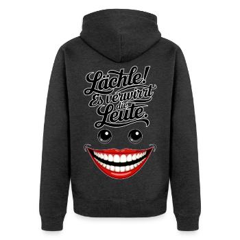 Immer lächeln - Unisex Premium Bio Zip Hoodie - Anthrazit meliert - Hinten - Nico (187cm)
