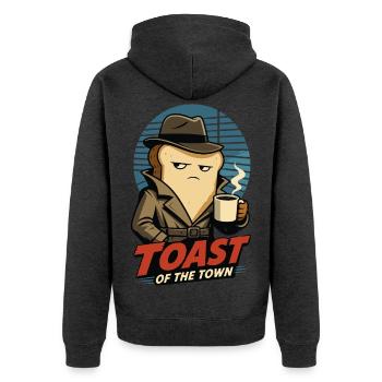 Toast of the Town – Film Noir Frühstück Humor - Unisex Premium Bio Zip Hoodie - Anthrazit meliert - Hinten - Nico (187cm)