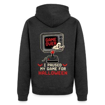 Ich habe mein Spiel für Halloween Retro CRT pausiert - Unisex Premium Bio Zip Hoodie - Anthrazit meliert - Hinten - Nico (187cm)