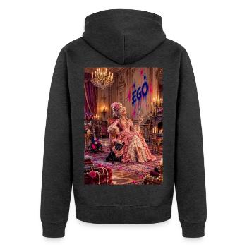 Rokoko-Königin mit Spiegel und Französischer Bulldogge — EGO - Unisex Premium Bio Zip Hoodie - Anthrazit meliert - Hinten - Nico (187cm)