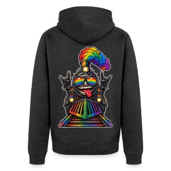 Regenbogenzug im Rock Stil - Unisex Premium Bio Zip Hoodie - Anthrazit meliert - Hinten - Nico (187cm)