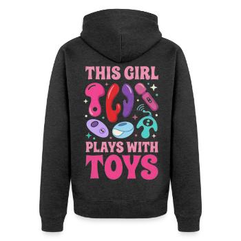 This Girl plays with toys doppeldeutig spielzeug - Unisex Premium Bio Zip Hoodie - Anthrazit meliert - Hinten - Nico (187cm)