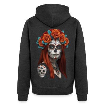 Blumen Zucker Schädel Porträt - Unisex Premium Bio Zip Hoodie - Anthrazit meliert - Hinten - Nico (187cm)