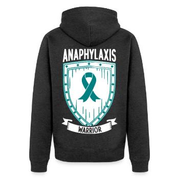 Anaphylaxie Kämpfer - Schutzschild in Türkis - Unisex Premium Bio Zip Hoodie - Anthrazit meliert - Hinten - Nico (187cm)