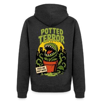 Potted Terror – Feed Me Don’t Water Pflanzenmonste - Unisex Premium Bio Zip Hoodie - Anthrazit meliert - Hinten - Nico (187cm)