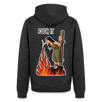 Fuck It – Hexe mit Zigarette Cartoon - Unisex Premium Bio Zip Hoodie - Anthrazit meliert - Hinten - Nico (187cm)