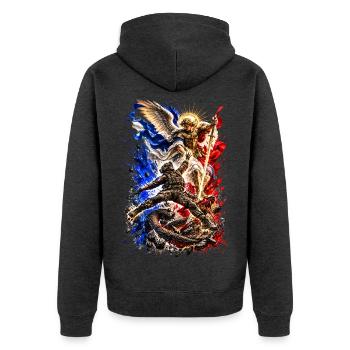 St. Michael der Beschützer - Unisex Premium Bio Zip Hoodie - Anthrazit meliert - Hinten - Nico (187cm)