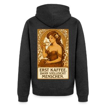 D’abord le café, puis les gens disant de l’Art nouveau - Veste à capuche bio Premium Unisexe - anthracite chiné - Dos - Nico (187cm)
