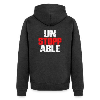 Unaufhaltsam Schriftzug Kontrast - Unisex Premium Bio Zip Hoodie - Anthrazit meliert - Hinten - Nico (187cm)