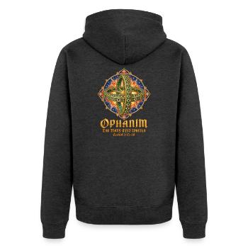 OPHANIM – DIE RÄDER MIT UNZÄHLIGEN AUGEN - Unisex Premium Bio Zip Hoodie - Anthrazit meliert - Hinten - Nico (187cm)