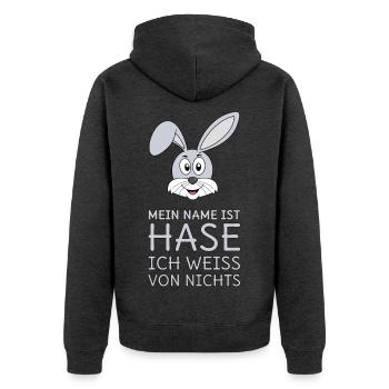 Mein Name ist Hase Ich weiß von nichts - Unisex Premium Bio Zip Hoodie - Anthrazit meliert - Hinten - Nico (187cm)