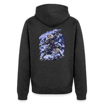 Samurai Cat Stormblade – Epische Blitz Katze - Unisex Premium Bio Zip Hoodie - Anthrazit meliert - Hinten - Nico (187cm)