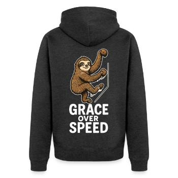 Bouldern Motivation – Grace Over Speed Geschenk - Unisex Premium Bio Zip Hoodie - Anthrazit meliert - Hinten - Nico (187cm)