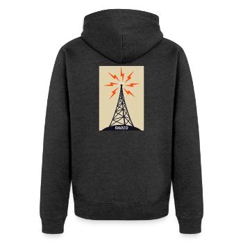 Radioturm auf Sendung - Unisex Premium Bio Zip Hoodie - Anthrazit meliert - Hinten - Nico (187cm)