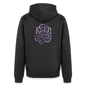 Chrom-Buchstaben Bleiben Sie metallisch Y2K - Unisex Premium Bio Zip Hoodie - Anthrazit meliert - Hinten - Nico (187cm)