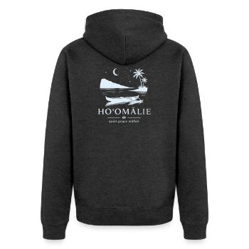 Ho'omālie Ruhe im Inneren - Unisex Premium Bio Zip Hoodie - Anthrazit meliert - Hinten - Nico (187cm)