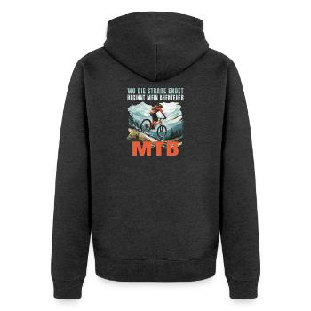 MTB: Wo die Straße endet beginnt mein Abenteuer - Unisex Premium Bio Zip Hoodie - Anthrazit meliert - Hinten - Nico (187cm)