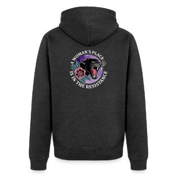 Feminismus A Woman´s Place Is In The Resistance - Unisex Premium Bio Zip Hoodie - Anthrazit meliert - Hinten - Nico (187cm)