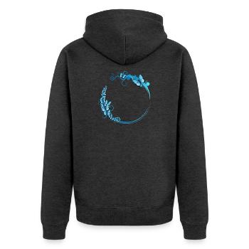 blauer Schmetterlings Rahmen für eigene Texte - Unisex Premium Bio Zip Hoodie - Anthrazit meliert - Hinten - Nico (187cm)