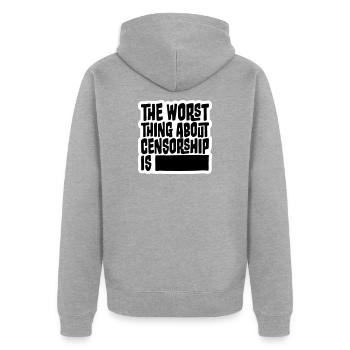 The Worst Thing About Censorship Is Lustig Ironie - Unisex Premium Bio Zip Hoodie - Grau meliert - Hinten - Nico (187cm)
