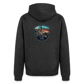 Originalillustration Dorf Èze, Côte d'Azur - Unisex Premium Bio Zip Hoodie - Anthrazit meliert - Hinten - Nico (187cm)