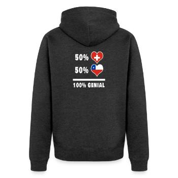 Chile und Schweiz 100% Genial Flagge - Unisex Premium Bio Zip Hoodie - Anthrazit meliert - Hinten - Nico (187cm)