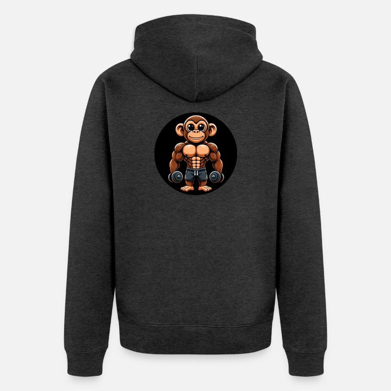 Affe Chimpanse Bodybuilder Training - Unisex Premium Bio Zip Hoodie - Anthrazit meliert