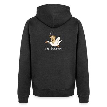 Hund mit Schwert auf Gans – To Battle! - Unisex Premium Bio Zip Hoodie - Anthrazit meliert - Hinten - Nico (187cm)