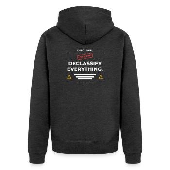 DISCLOSE. Declassify Everything – UAP  - Unisex Premium Bio Zip Hoodie - Anthrazit meliert - Hinten - Nico (187cm)