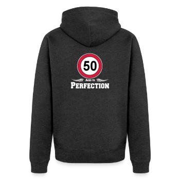 50.Geburtstag , 50 Jahre , Aged to Perfection (25) - Unisex Premium Bio Zip Hoodie - Anthrazit meliert - Hinten - Nico (187cm)