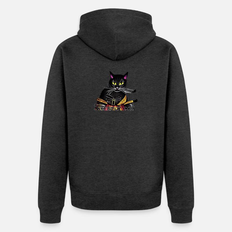 Chat samouraï avec une armure dorée - Veste à capuche bio Premium Unisexe - anthracite chiné