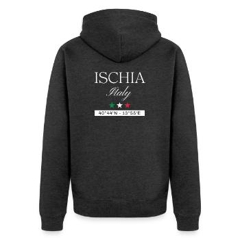 Ischia Italien Souvenir – Reise minimalistisch - Unisex Premium Bio Zip Hoodie - Anthrazit meliert - Hinten - Nico (187cm)