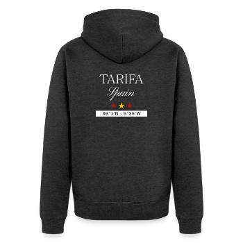 Tarifa Spanien Souvenir – Reise minimalistisch - Unisex Premium Bio Zip Hoodie - Anthrazit meliert - Hinten - Nico (187cm)