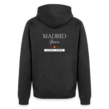 Madrid Spanien Souvenir – Reise minimalistisch - Unisex Premium Bio Zip Hoodie - Anthrazit meliert - Hinten - Nico (187cm)