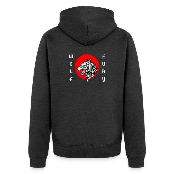 Wolf Fury Tribal Wolf: Kraftvolles, wirkungsvolles Design - Unisex Premium Bio Zip Hoodie - Anthrazit meliert - Hinten - Nico (187cm)