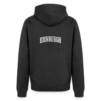 Edinburgh Varsity Bogen Schrift - Unisex Premium Bio Zip Hoodie - Anthrazit meliert - Hinten - Nico (187cm)