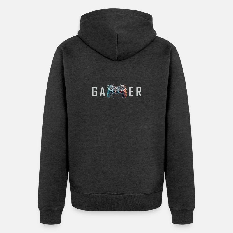 Gamer Schriftzug 3D Controller Nerd Geschenk - Unisex Premium Bio Zip Hoodie - Anthrazit meliert