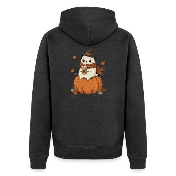 Cozy Halloween Gespenst Kürbis  - Unisex Premium Bio Zip Hoodie - Anthrazit meliert - Hinten - Nico (187cm)