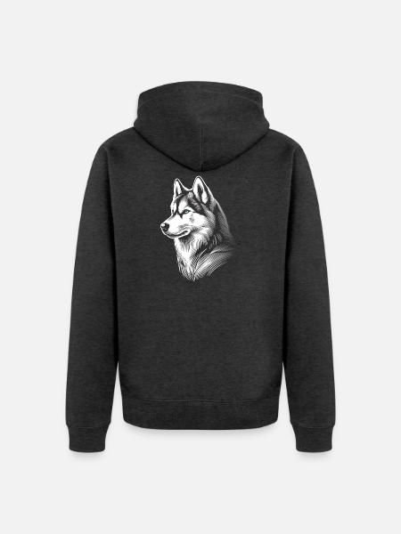 Huskykopf, schwarz-weiß, Hundeschlitten - Unisex Premium Bio Zip Hoodie - Anthrazit meliert