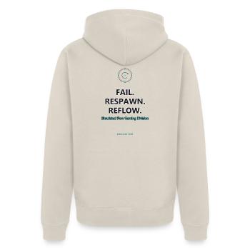 Fail. Respawn. Reflow. · helle Kleidung - Unisex Premium Bio Zip Hoodie - Beige - Hinten - Thijin (182cm)