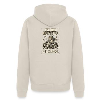 Ich bin nicht faul, ich bin saisonal - Unisex Premium Bio Zip Hoodie - Beige - Hinten - Thijin (182cm)