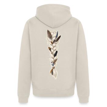 Zopf mit Vogelfedern - Unisex Premium Bio Zip Hoodie - Beige - Hinten - Thijin (182cm)