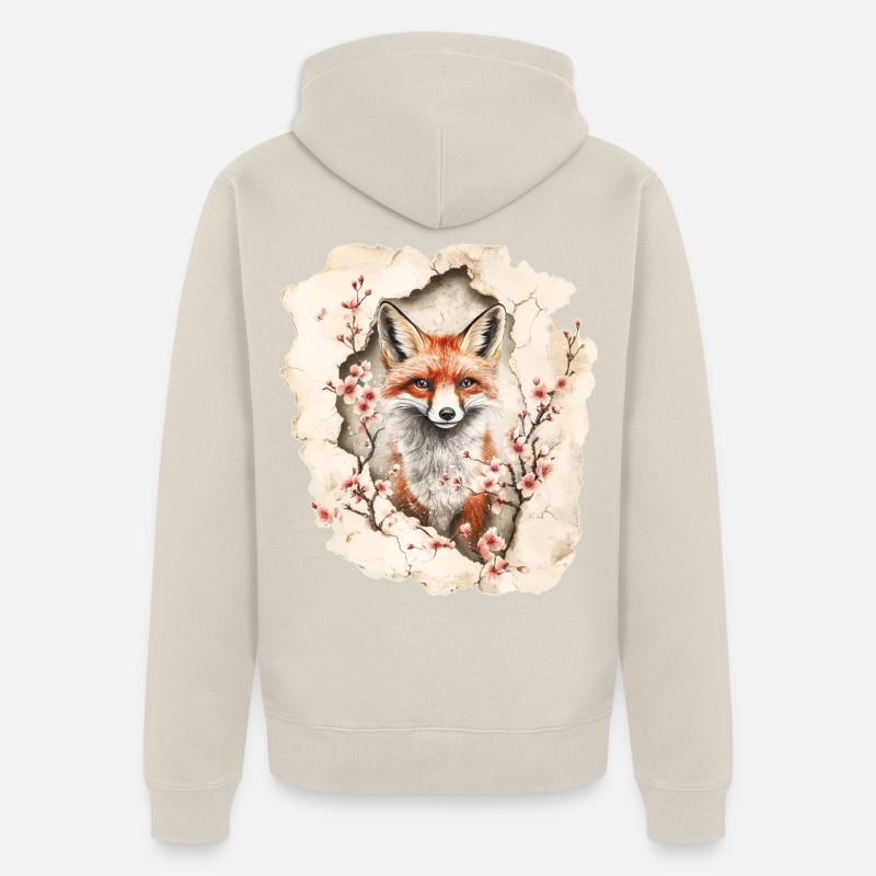 Fuchs mit Kirschblüten - Unisex Premium Bio Zip Hoodie - Beige