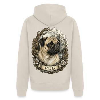 Pug in vintage style with mountain landscape - Unisex Premium Organic Zip Hoodie - beige - Back - Thijin (182cm)