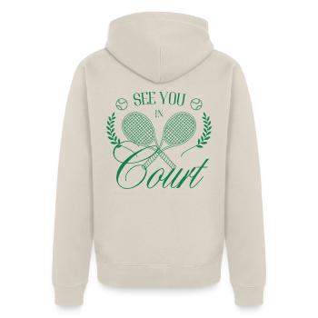 Wir sehen uns im Court Tennis Club - Unisex Premium Bio Zip Hoodie - Beige - Hinten - Thijin (182cm)
