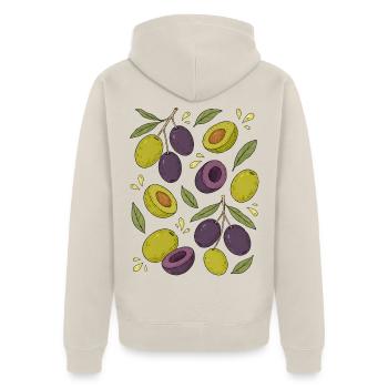 Oliven | Mediterran Botanik & Küche - Unisex Premium Bio Zip Hoodie - Beige - Hinten - Thijin (182cm)